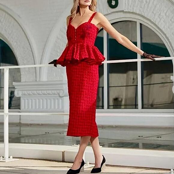 NEW NWT Fanm Mon Gulia Red Peplum Embroidered Midi Dress Size S - Picture 1 of 6